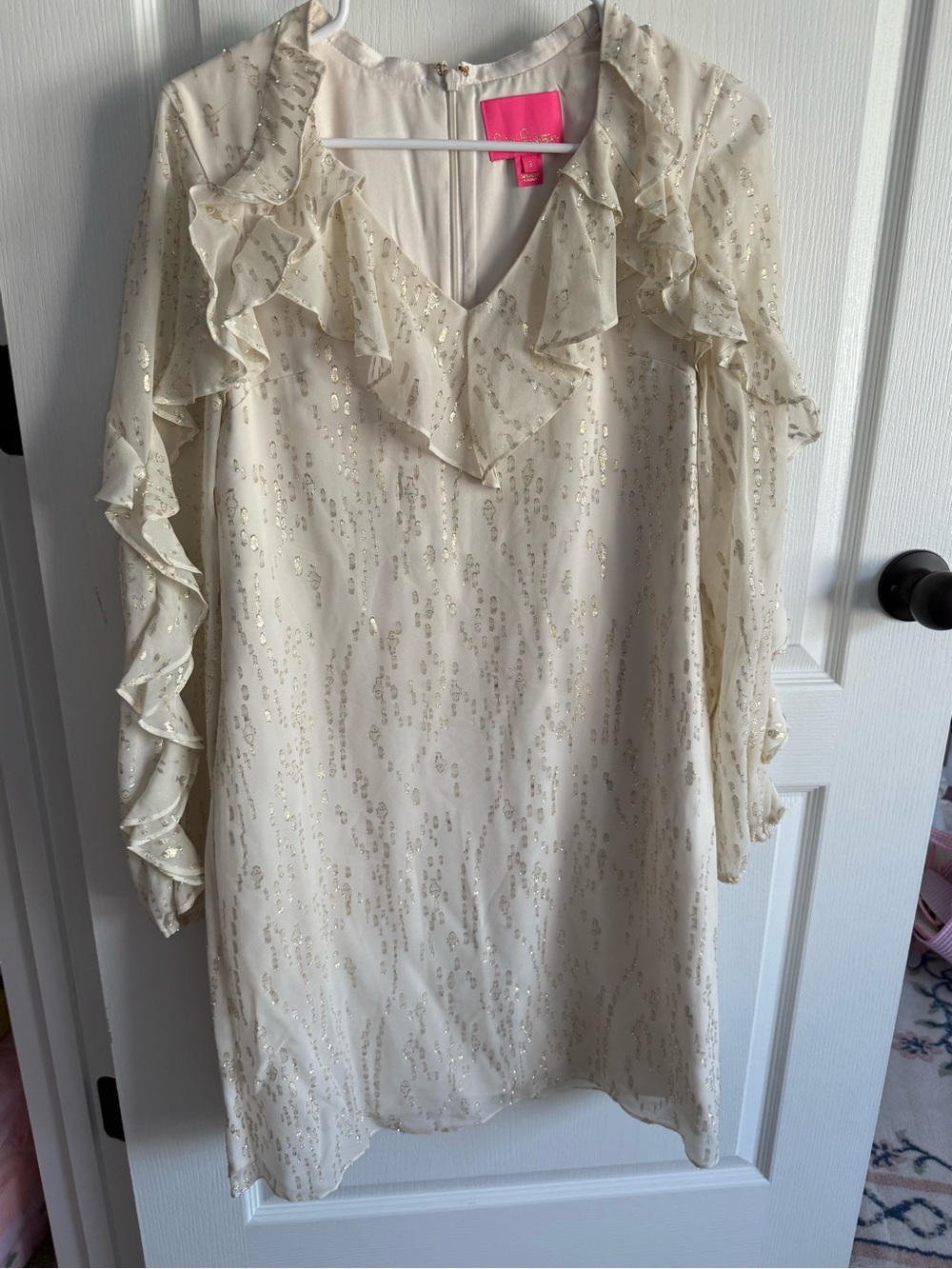 Lilly Pulitzer Ivory Ruffle Long Sleeve Dress with Gold Sequin